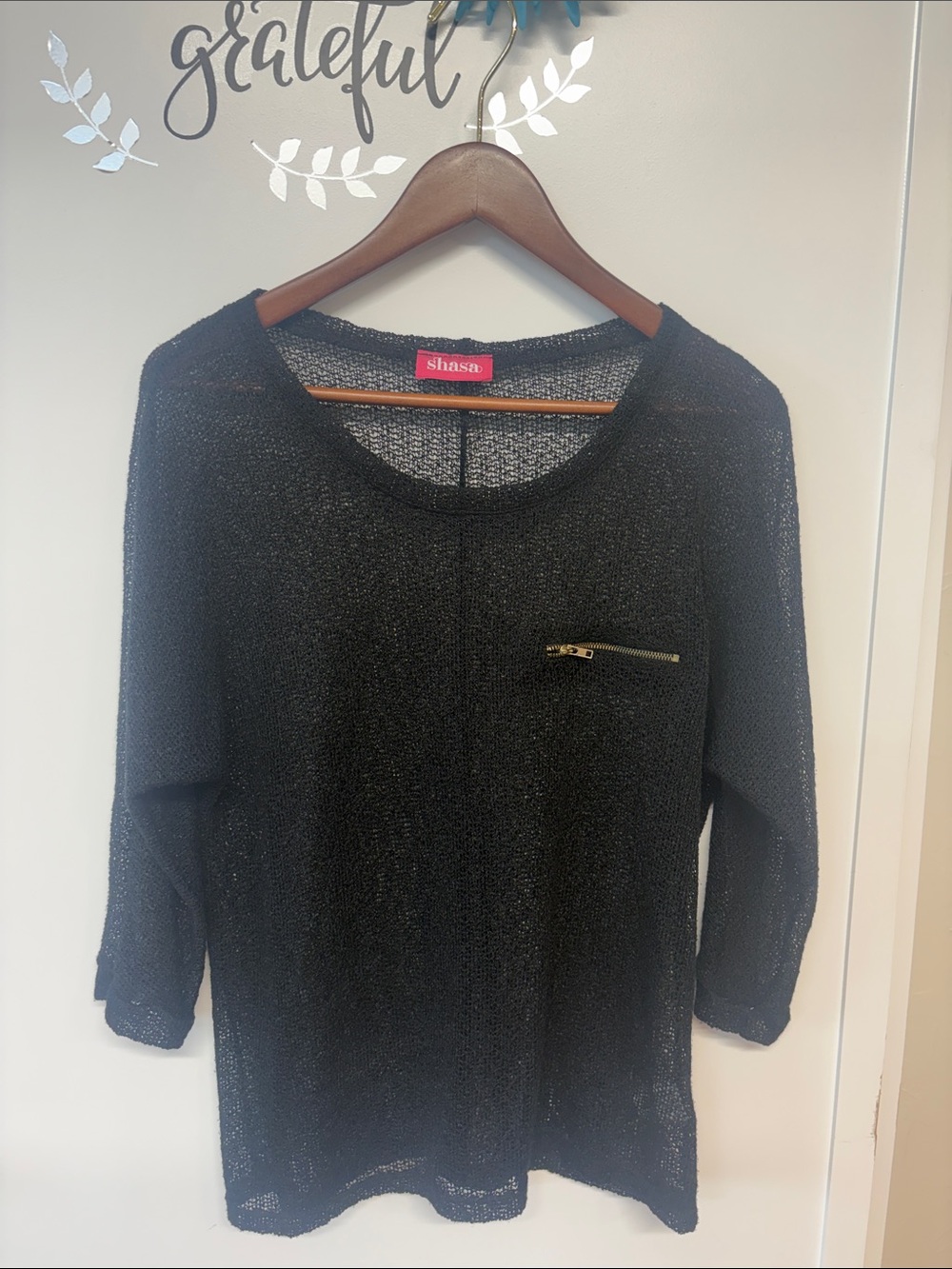 Shasa Black Sheer Knit Top with Zip Pocket